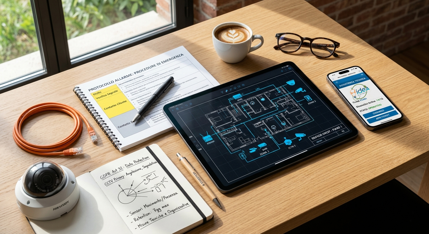 Scrivania professionale con tablet, smartphone e guide cartacee per lo studio di impianti di videosorveglianza e normative di sicurezza.