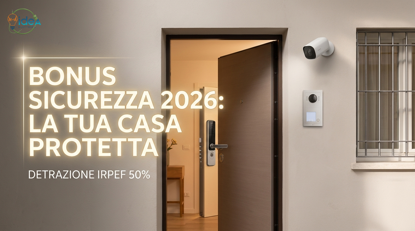 Immagine pubblicitaria per Bonus Sicurezza 2026 di Idea Elettrica: una porta blindata con serratura intelligente, videocamera di sorveglianza e videocitofono installati su una facciata di casa, con grate alle finestre. Scritta in sovraimpressione "BONUS SICUREZZA 2026: LA TUA CASA PROTETTA. DETRAZIONE IRPEF 50%